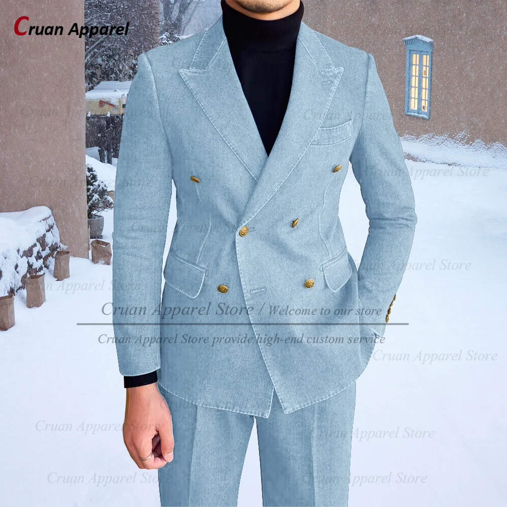 Latest Denim Suit Men Slim fit Fashion Double Breasted Business Wedding Vintage Tuxedo Tailor-made Casual Jacket Pants 2 Pieces formal suit