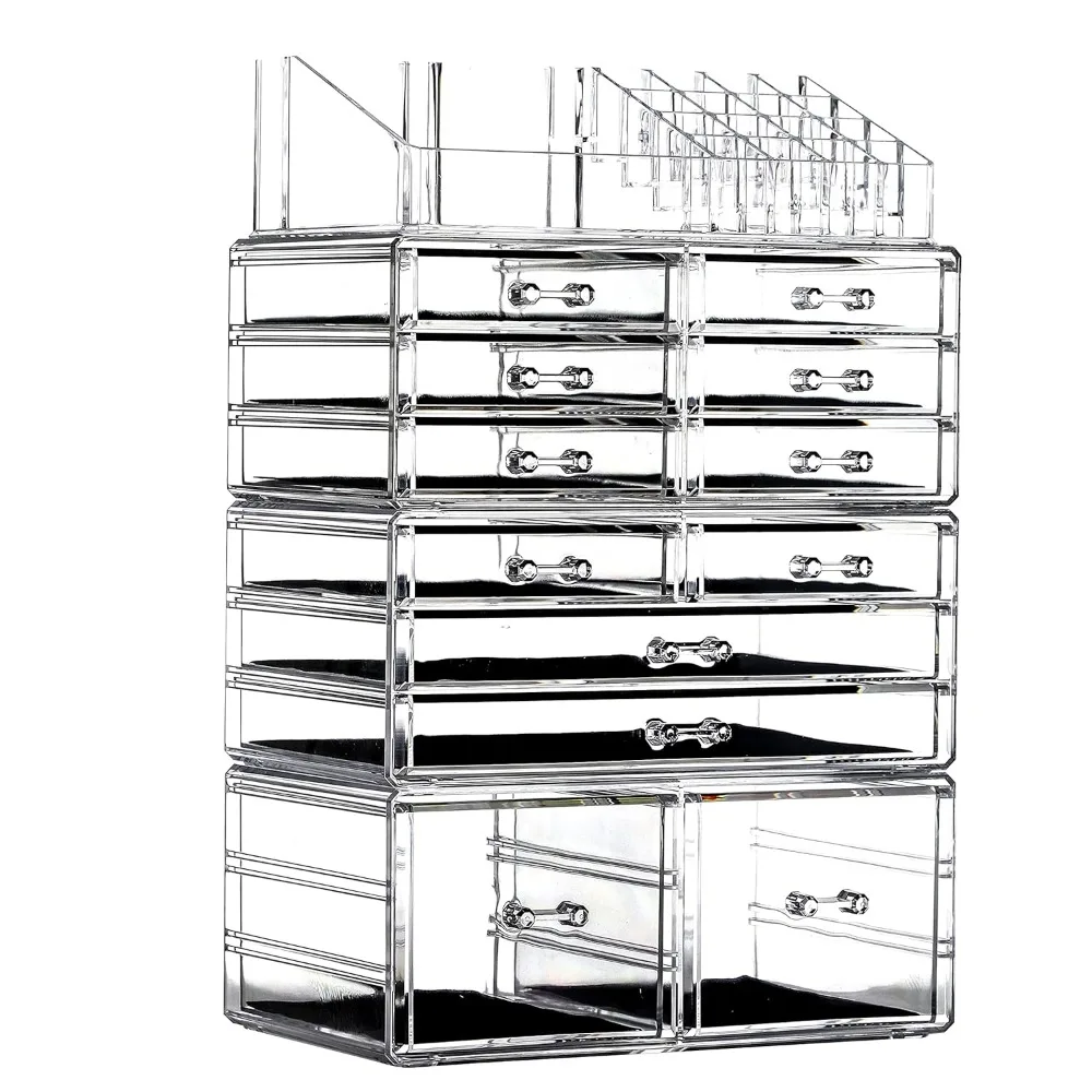 

Cq acrylic Clear Makeup Storage Organizer Drawers Skin Care Large Cosmetic Display Cases Stackable Storage Box With 12 Drawers