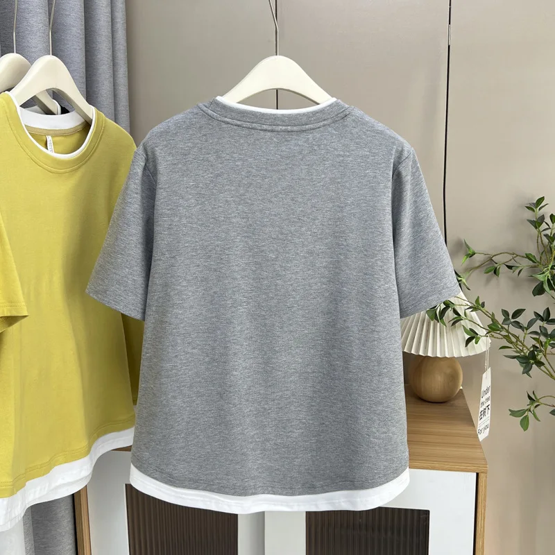 Summer Top New 100kg Casual Color Contrast Fake Two Pieces Short Sleeve Tees Plus Size Women T-shirt 2236