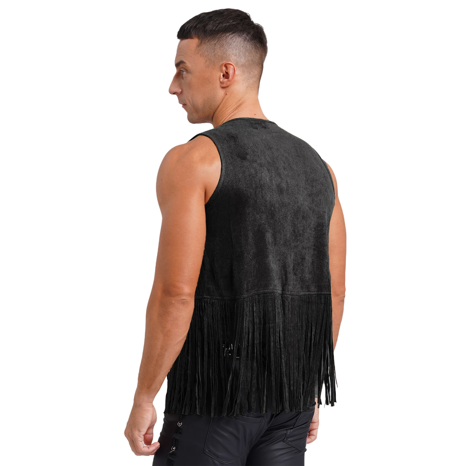 Mens Faux Suede Tassel Vest Western Cowboy Vest Fashion Rivets Fringe Waistcoat Open Front Sleeveless Jacket 2