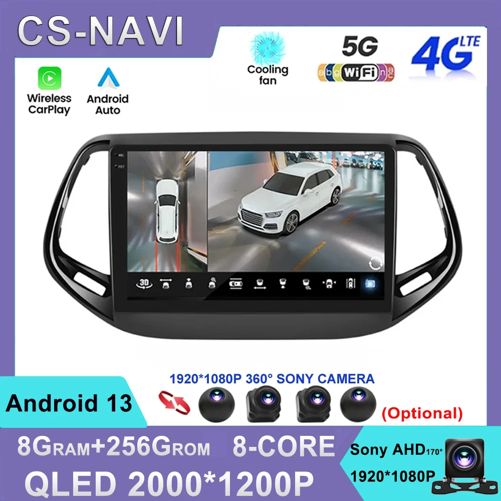 

2000*1200P For Jeep Compass 2017 - 2019 360 Camera Head Unit Android Video Player Car Radio Autoradio Multimedia GPS Navigation
