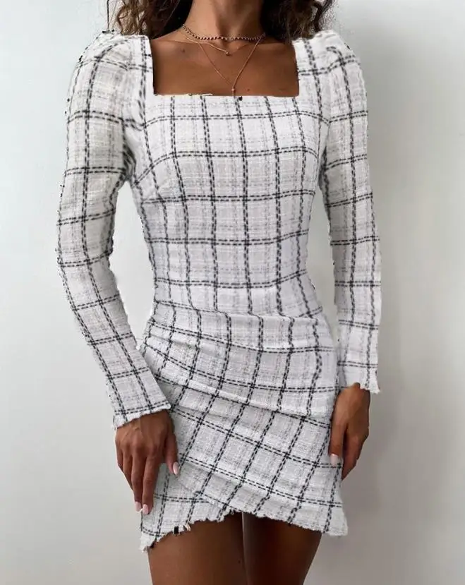 

Elegant and Pretty Women's Dresses 2023 Autumn New Plaid Print Raw Hem Ruched Dress Square Neck Long Sleeve Slim Fit Mini Dress