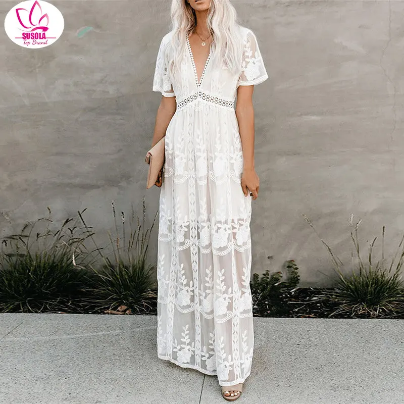 

SUSOLA Lady Summer Boho Women Maxi Dress Loose Embroidery White Lace Long Tunic Beach Dress Vacation Holiday Women Clothing