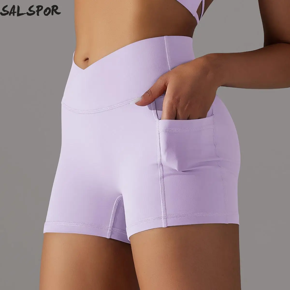 

SALSPOR Women Cross V-Waist Yoga Shorts with Pockets Seamless Butt Lift Scrunch Fitness Tight Elastic Slim Sports Leggings