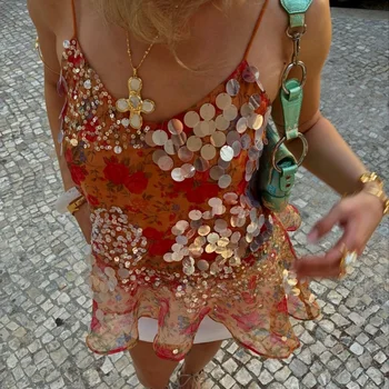 Y2k Floral Sequin Patchwork Crop Tops for Women Sparkly Strappy Tank Tops Sexy V Neck Top Concert Outfits Party Beachwear 1