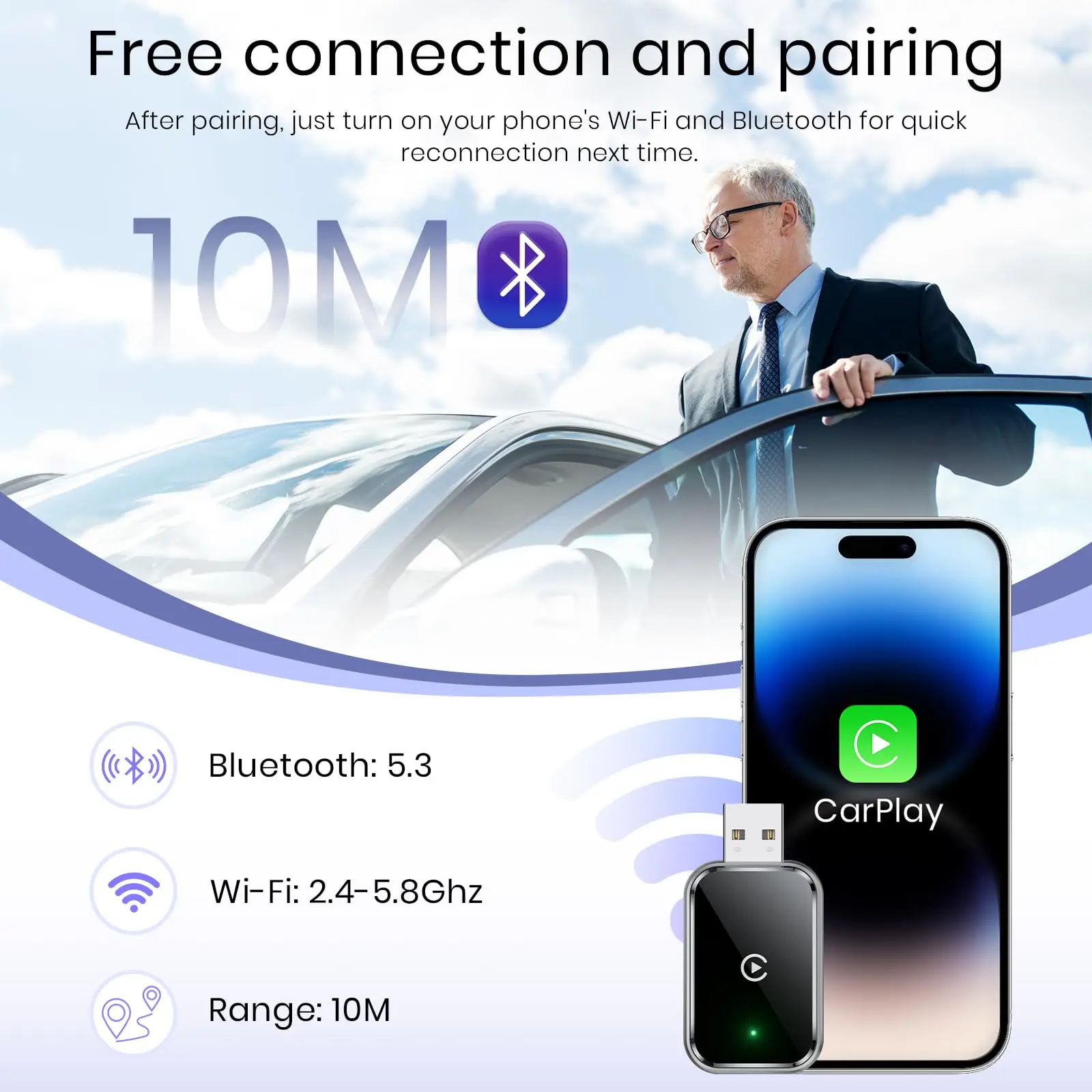 Wireless CarPlay Adapter for iPhone, Convert Wired to Wireless Apple CarPlay Adapter, Mini Size with Extension Cable USB & USB-C