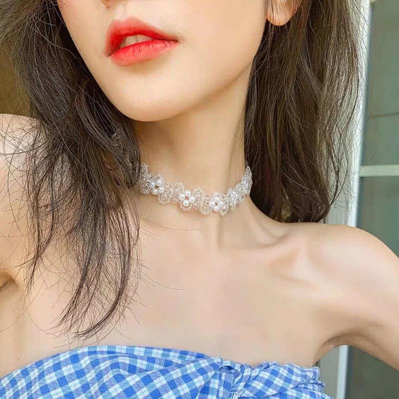 Lace Choker Necklaces Pearl Tassel Lace Necklace for Ladies Girls