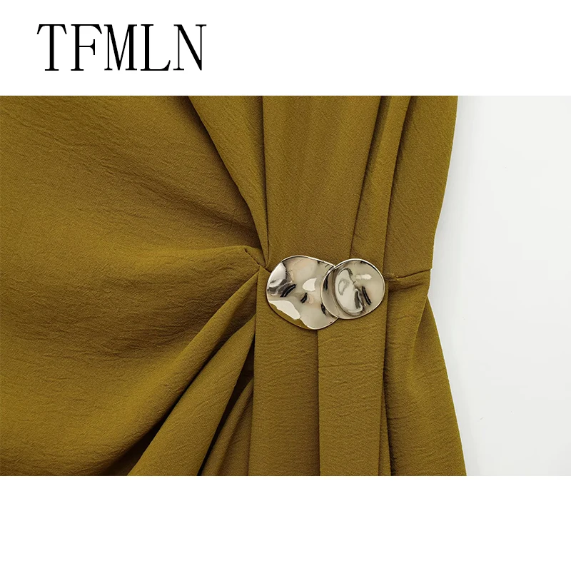 TFMLN New Elegant Women Pleated Slim Midi Dress Spring Summer Fashion O-neck Sleeveless Chic Pleated Dress Causal Party Dress