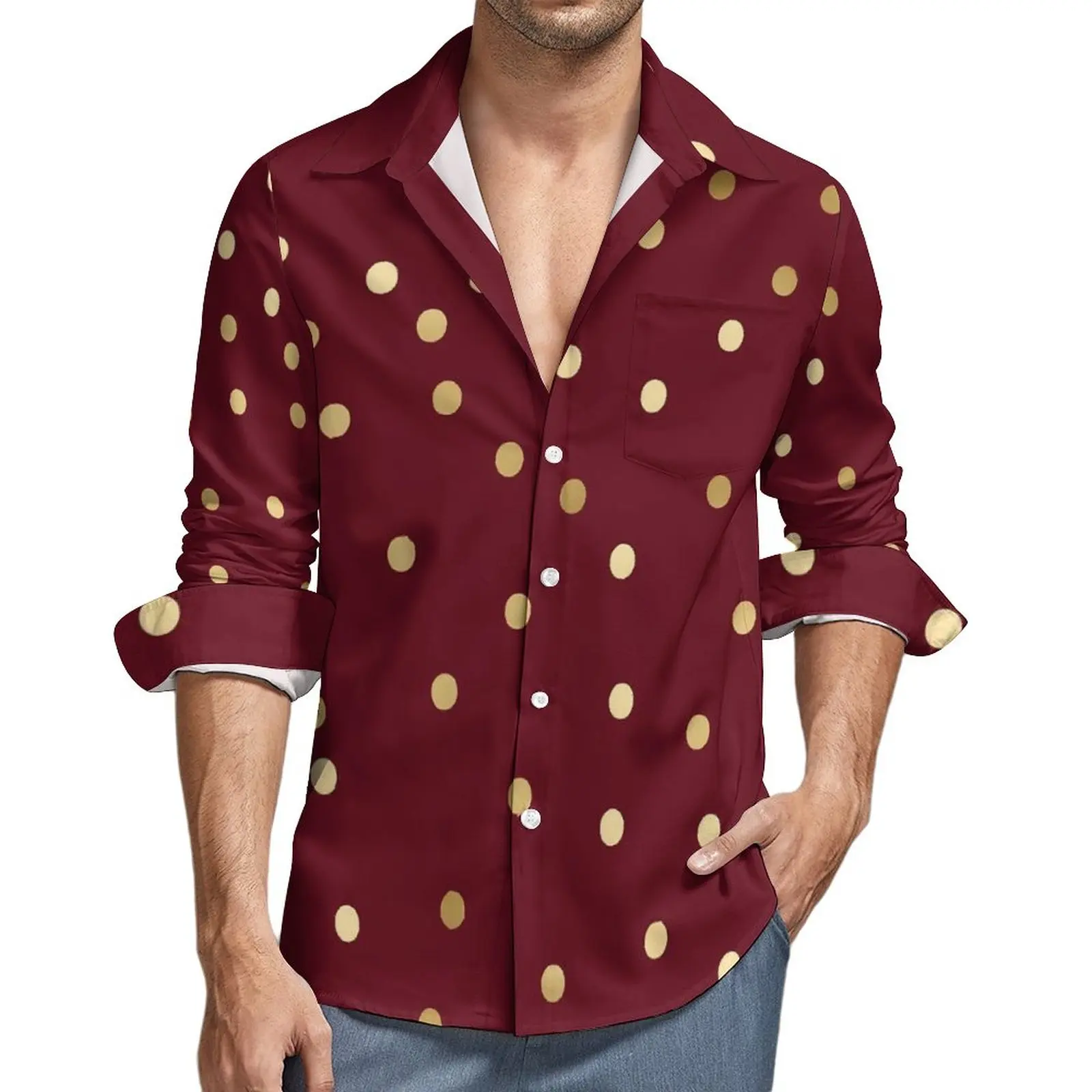 

Gold Dot Print Shirt Spring Gold Polka Dots Casual Shirts Man Novelty Blouses Long Sleeve Design Y2K Top Plus Size 3XL 4XL