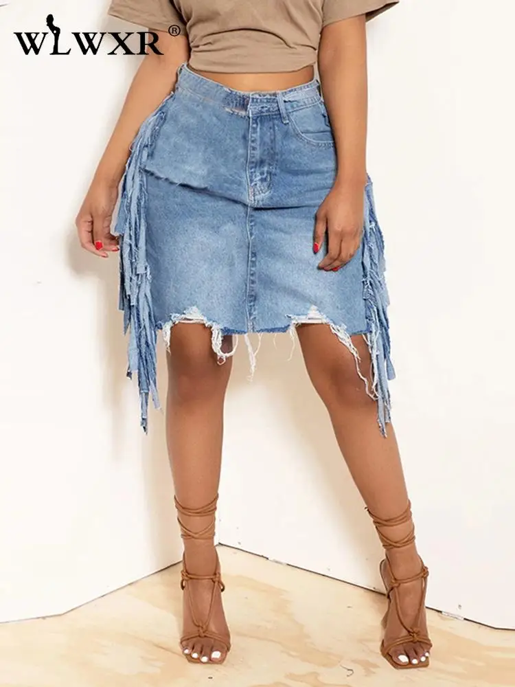 

WLWXR Summer Blue Tassel Jean Midi Skirts For Women 2023 Streetwear Bodycon Skirts High Waist Personalized Denim Skirts Female