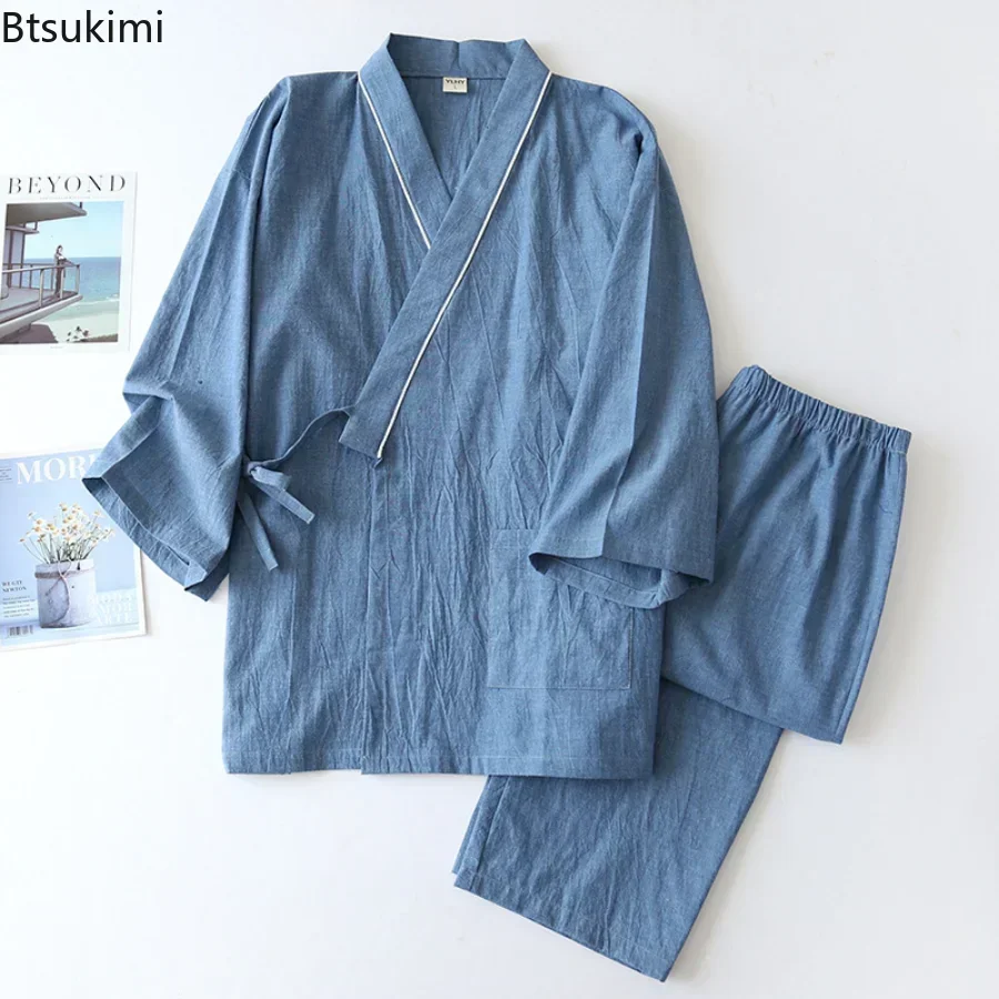 Men's Solid Japanese Kimono Pajamas Casual Sleepwear Male Lace-Up Top and Pants Sets Soft Two-piece Homewear Suit Male pajama sets