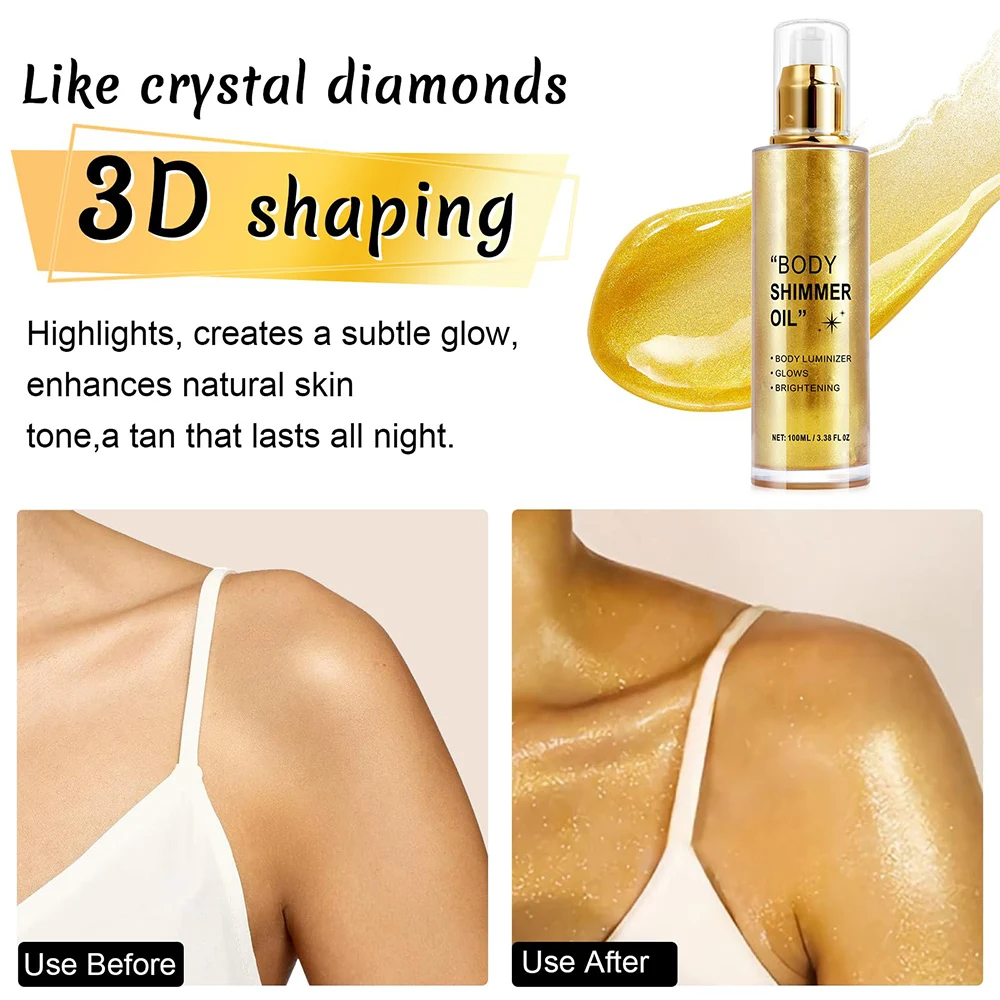 Body Glitter 100ml Body Shimmer Oil Moisturizing Long Lasting Body Luminizer for Face Brighten Shimmer Glow Highlighter Makeup 4