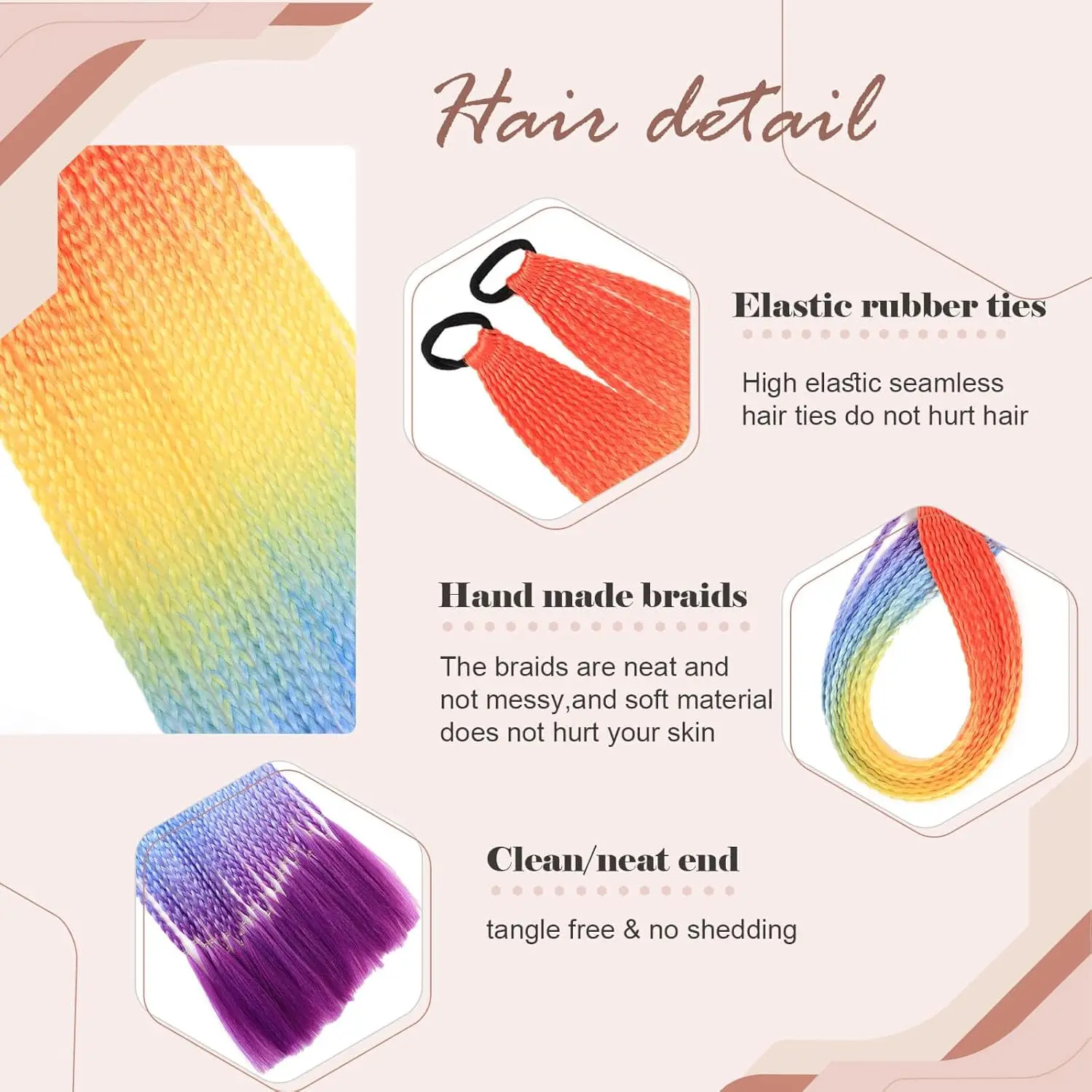 Extension per capelli a coda di cavallo intrecciata Rainbow Ombre per donna, 12 trecce sintetiche colorate con elastici per capelli - immagine 4
