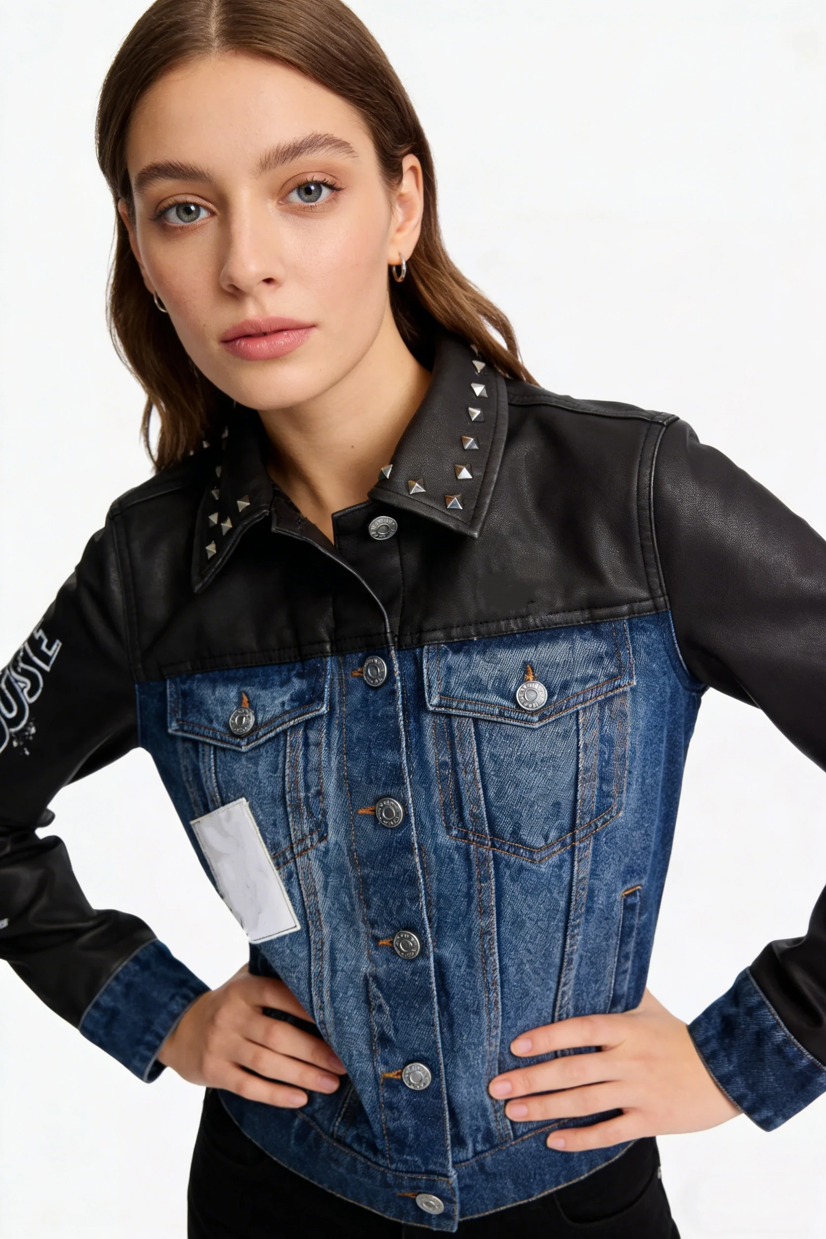 Women's jackets high quality women's clothing Women's denim jacket Coat New Women's Cartoon Printed Splicing PU Jacket - 3