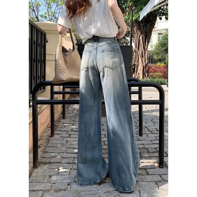 Jean droit taille haute décontracté ample à jambe large pour femme, style américain, en denim bleu déchiré, idéal pour l'été