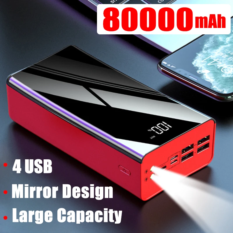 

Fast Charging Power Bank 4USB Portable 80000mAh Charger Mirror Digital Display External Battery Pack 2LED For iPhone Xiaomi