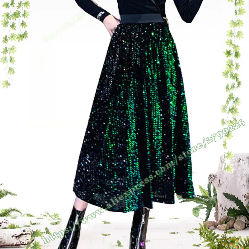 

New Fashion Trend, Spring and Autumn Women's Mid-length Sequin A-line Skirt, Long Midi Skirt, Green, Black, Gray