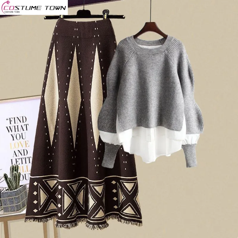 Autumn and Winter Set 2023 Korean Version New Large Knitted Sweater Covering Flesh and Slim Skirt Two Piece Set al di meola flesh on flesh 1 cd