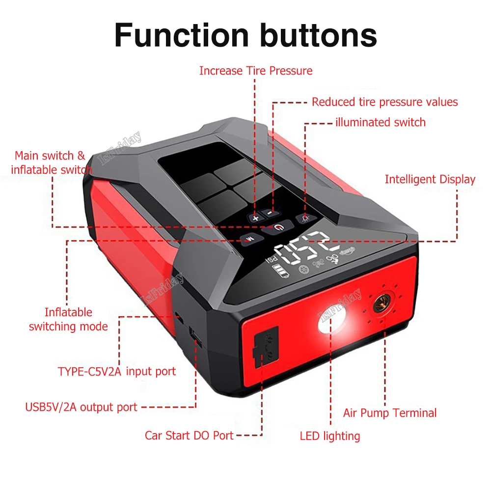 4in1 Car Jump Start Air Compressor 28000mAh Power Bank 1200A Portable Battery Booster Starter Digital Tire Inflator Air Pump