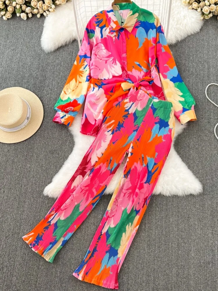 

Spring Women Casual Loose Tie-dyed Trousers Suit Vintage Shirts Blouses Wide Leg Pantsuit Female Fashion Boho 2 Pieces Outfits