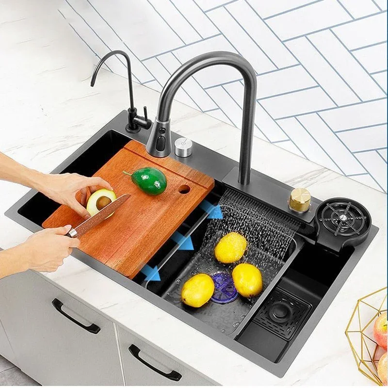 New Black Nanometer 304 Stainless Steel Waterfall Kitchen Sink 3MM Thickness Large Single Slot Above Mount Waterfall Faucet