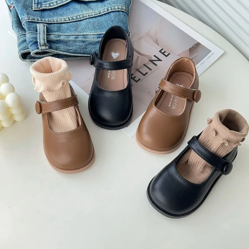 구두 Children Leather Shoes Black Brown Princess Mary Janes Round Toe Little Girl Single Shoes Soft Sole Shallow Kids Dress