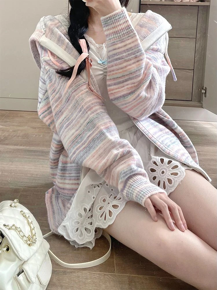 

Женский кардиган с длинным рукавом, повседневная японская Толстовка в полоску с капюшоном, милый шикарный свитшот, осень 2023