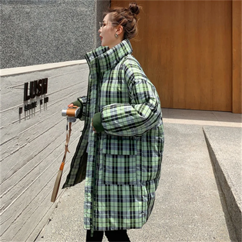 

2022 Winter New Down Jacket Women's Trendy Ins Korean Version Loose Green Plaid All-match Camouflage Bread Jacket Cotton Jacket