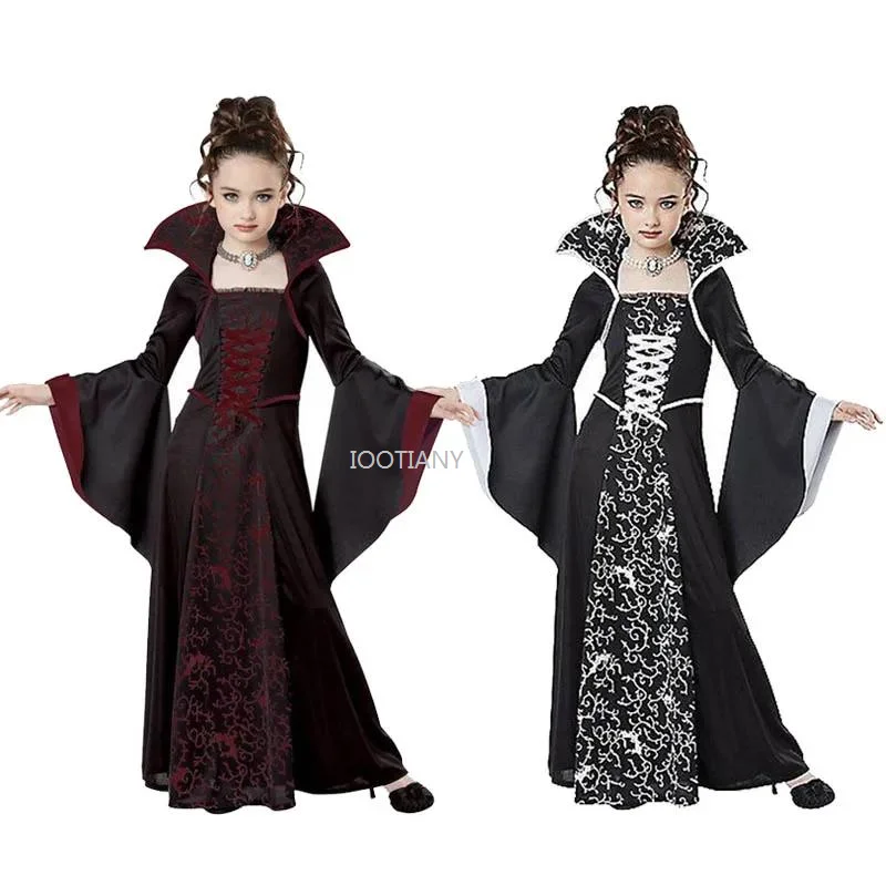 

Medieval Vintage Lace Up Flared Sleeve Printed Witch Costume Halloween Cosplay Witch Vampire Costume For Kids Carnival Dress Up