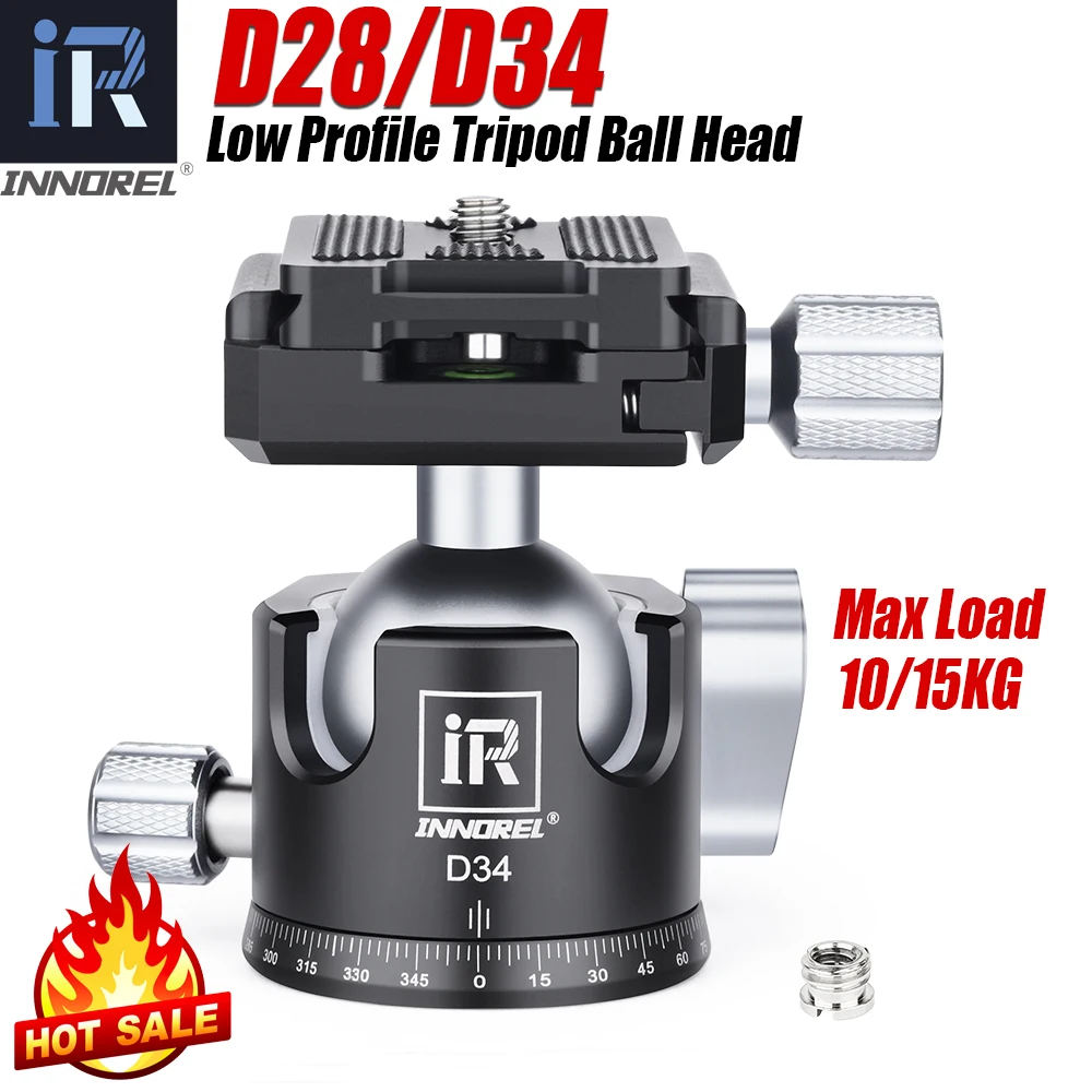 Tripod Ball Head D28/D34 Low Profile Tripod Ball Head All Full Metal CNC Panoramic Camera Tripod Head 1/4" Arca Swiss Quick Release Plate