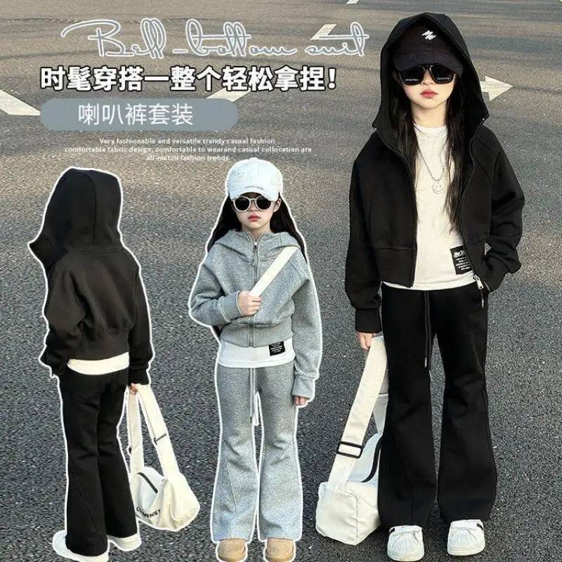 귀여운 캐주얼 코트 세트 패션 2피스 세트 아동복 여아 후드티와 벨보텀 팬츠 2025 신상 패션 3