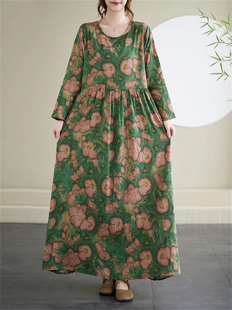 Cotton Vintage Print Long Dress Women 2025 Spring Autumn Casual Loose Dresses Office Lady Femme Robe Vestidos Fashion Clothing