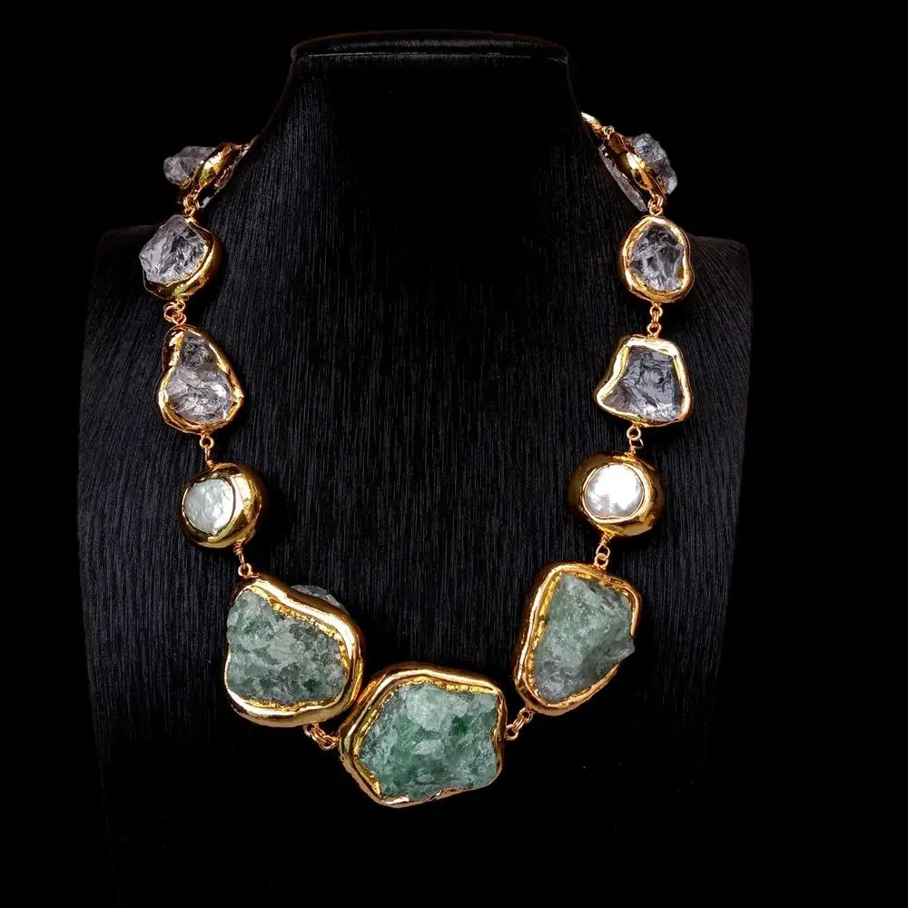 

Y·YING Real Green Gemstone Fluorite Rough Raw Clear Quartz White Coin Pearl Big Statement Necklace