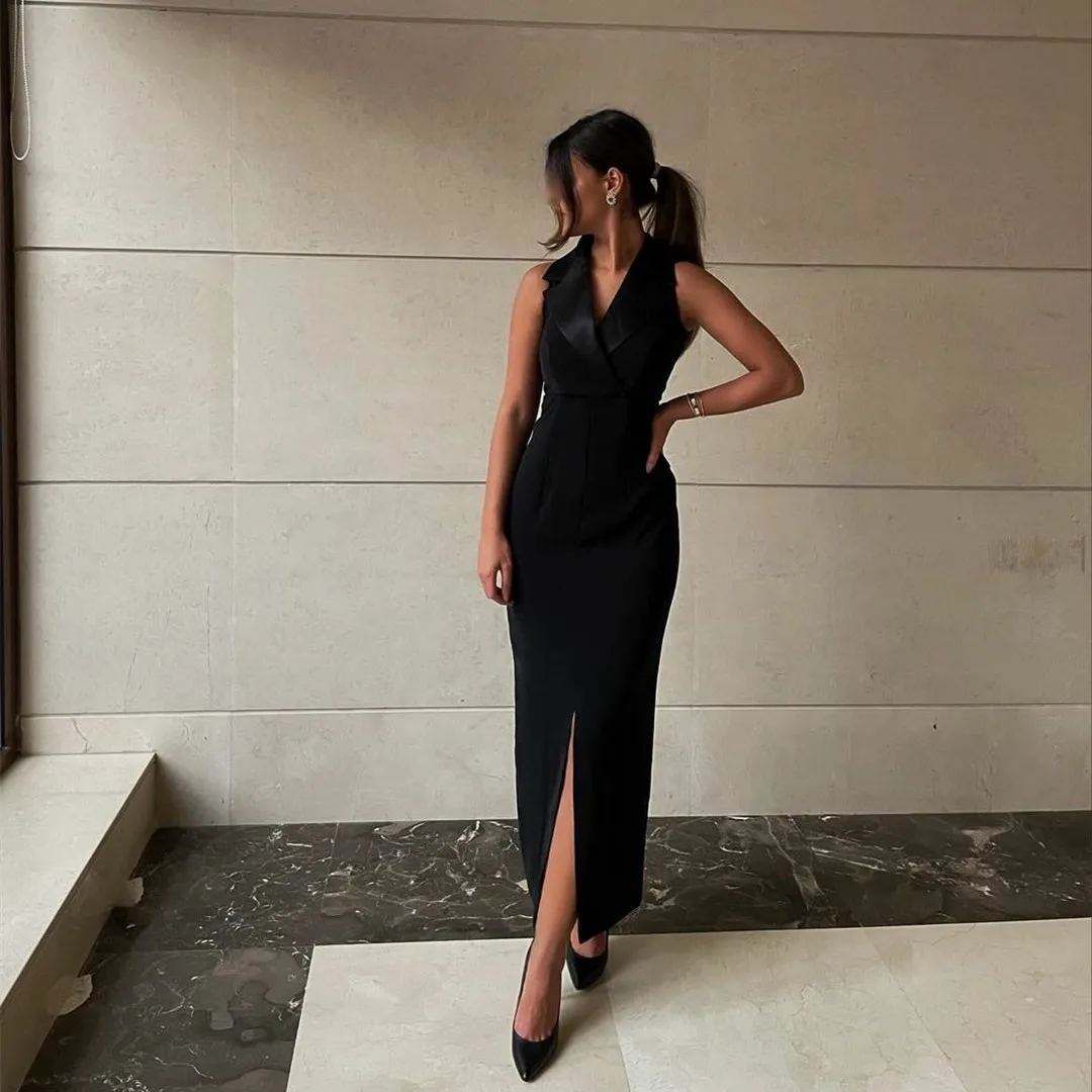 

Elegant Long Satin V-Neck Evening Dresses With Slit Sheath Black Zipper Ankle Length فساتين السهرة Prom Gowns for Women