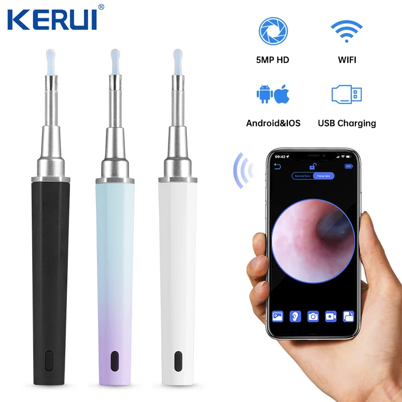 

KERUI Ear Sticks Endoscope Camera USB Rechargeable Wireless Earpick 6 Silicone Ear Spoon Cleaner Mini Camera Otoscope Adult Home
