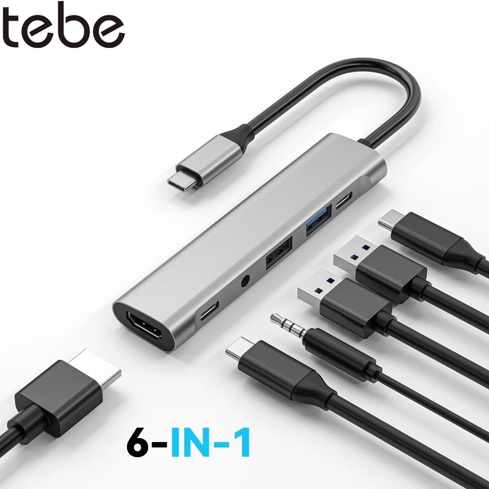 

USB-адаптер tebe 6 в 1, USB C на USB 3,5/3,0, 60 Вт