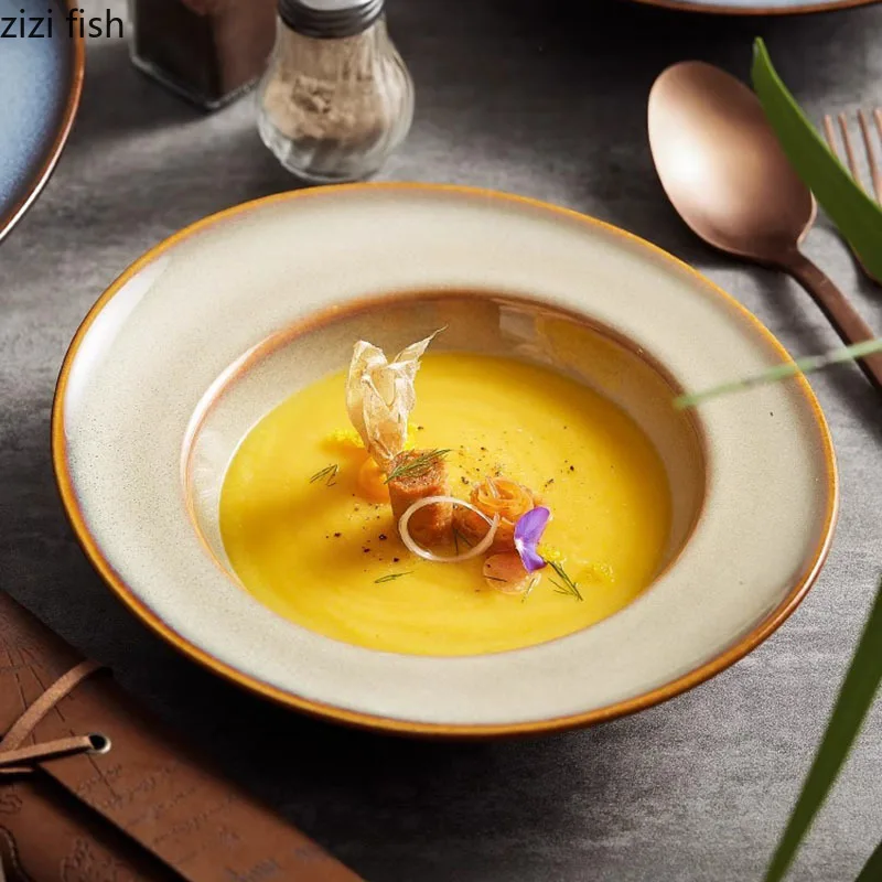 Kiln Changes Ceramic Straw Hat Plate Thick Soup Plate Vegetable Salad Dessert Dish Pasta Plates Specialty Tableware