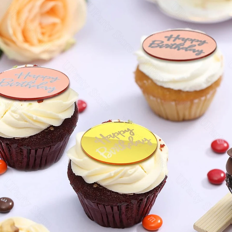 20 Decorazioni Per Cupcake In Acrilico Dorato A Specchio - Topper Rotondi Con Scritta 'Thank You' Per Torte Di Ringraziamento, Matrimonio E Compleanno - 2
