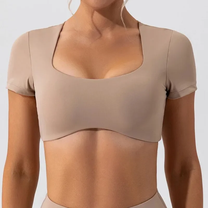 2024 Fitness Bra Short Sleeve Simple Shockproof Sports Curved Hem Yoga Shirt Slim Fit Crop Top Run Gym Shirts Women Active Wear 2