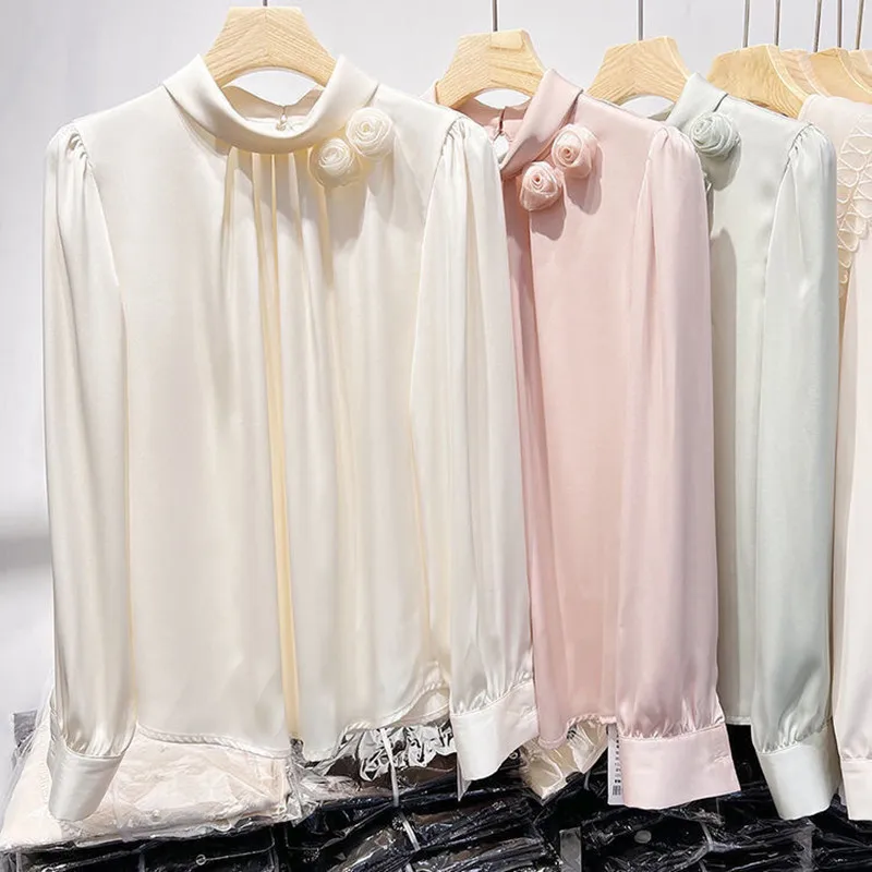 Women's Silk Slim Stand Up Collar Flower Solid Color Tops Long Sleeved Silk Blouses T-shirts Spring and Autumn Thin Silk Shirt