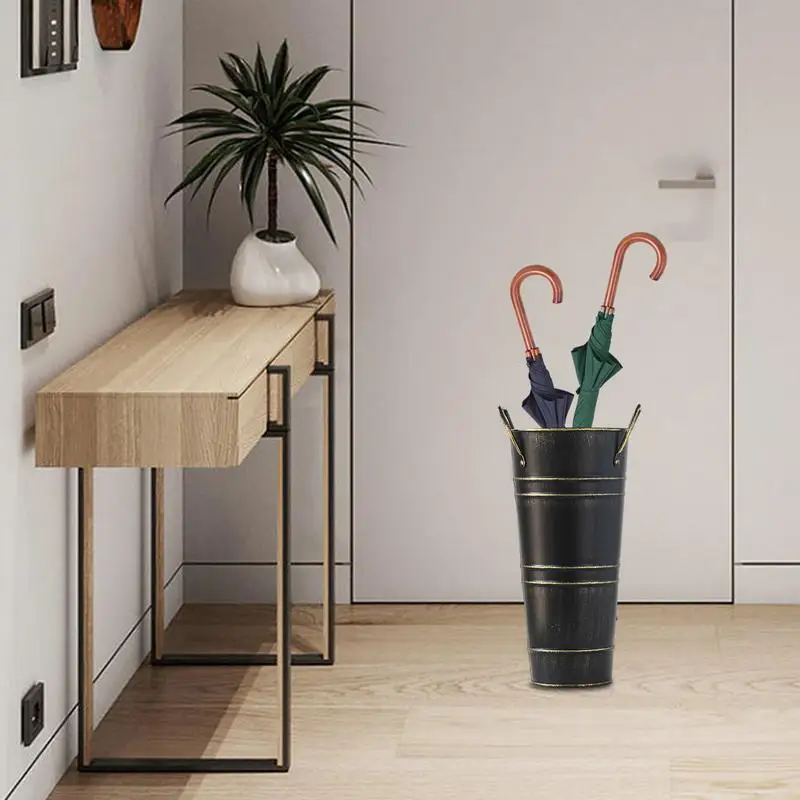 Old Metal Umbrella Stand With Handle Reinforced Standalone Round Umbrella Bucket Vintage Decorative Vase Flower Bucket Storage