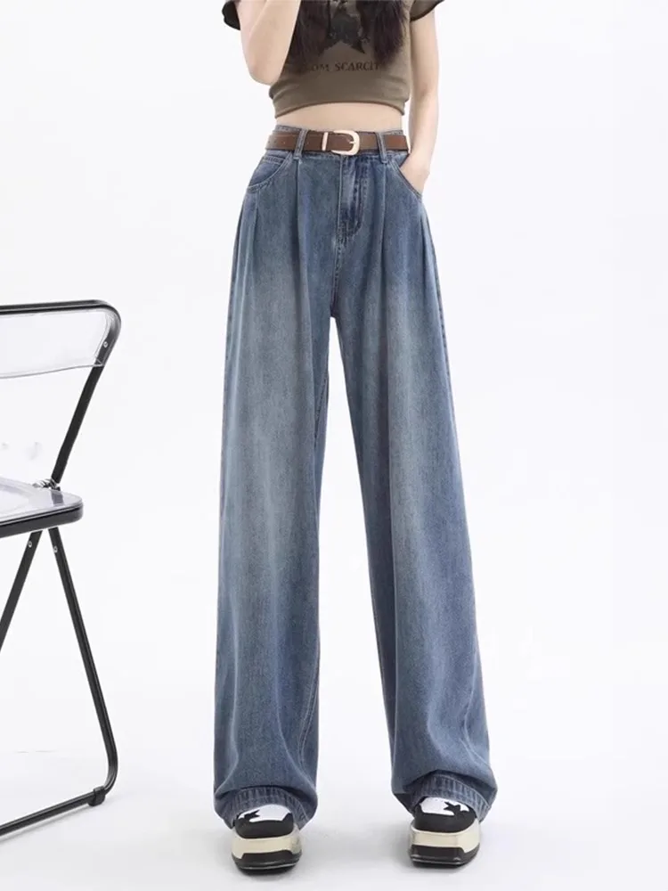 

Корейские уличные винтажные прямые джинсы с завышенной талией Y2K с широкими штанинами женские повседневные брюки в стиле гранж уличный стиль мешковатые джинсовые брюки