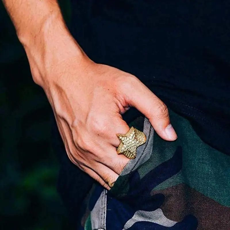 TOPGRILLZ 2022 New Five Star Ring Micro Pave Inlaid Zircon Gold Color Hip Hop Iced Crystal Cubic Zircon Jewelry For Gift Ring