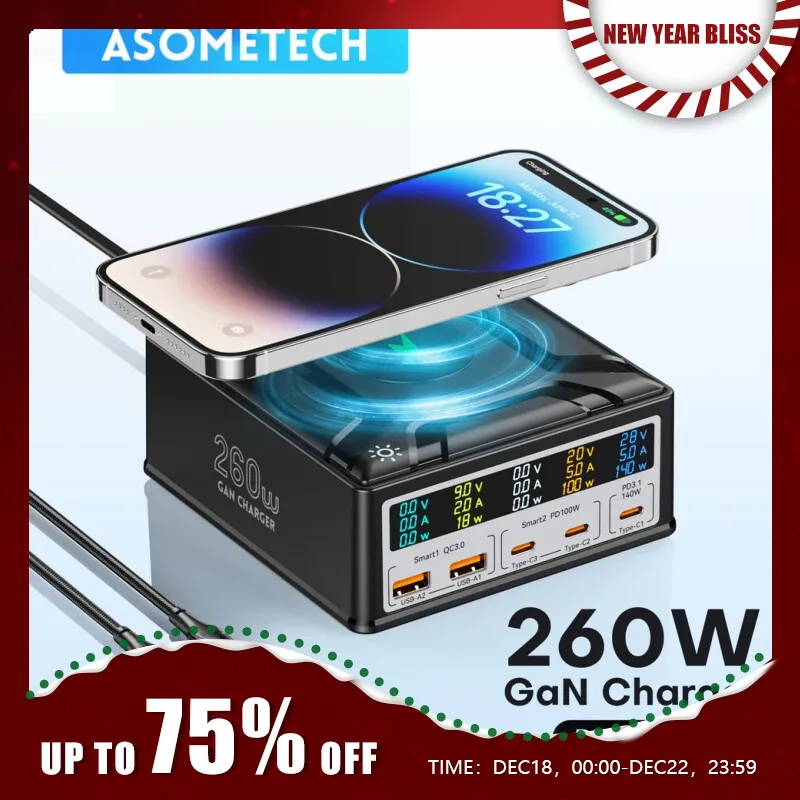 ASOMETECH 디지털 디스플레이 데스크탑 USB C타입 충전기, 노트북 태블릿 휴대폰용 고속 충전기, 260W GaN 충전기, 140W PD3.1 PPS QC4.0