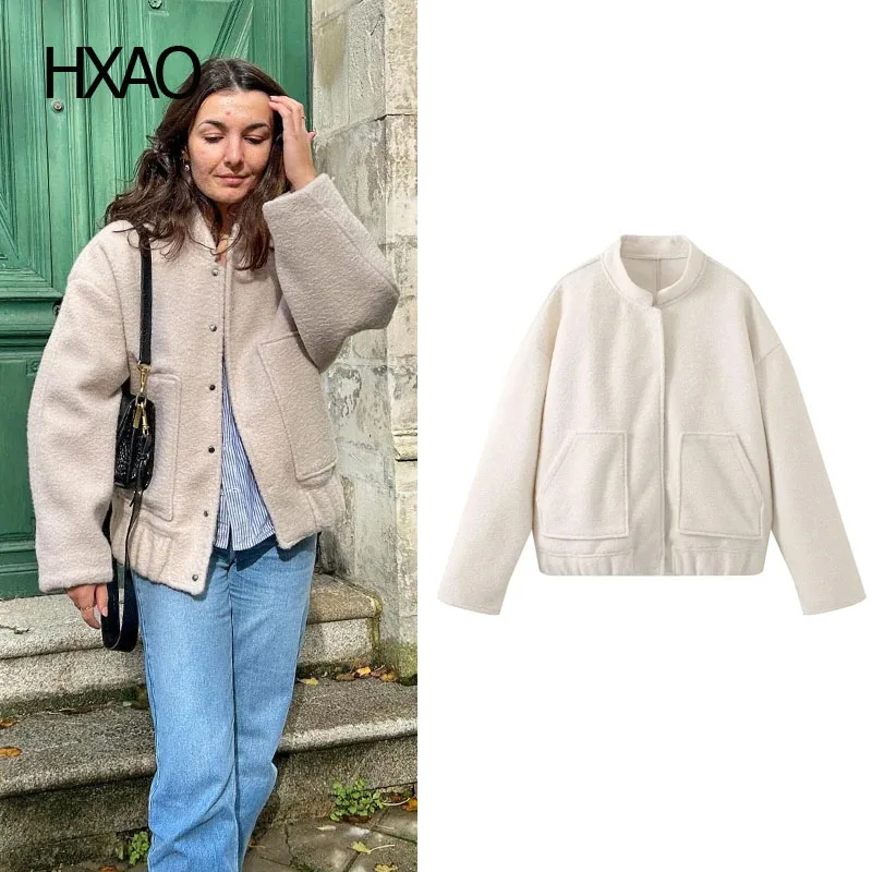 

HXAO Woolen Jackets for Women Cropped Duffle Coat Wool Blend Fleece Jacket Fashion Casual Warm Crop Jacket Winter Outerwear