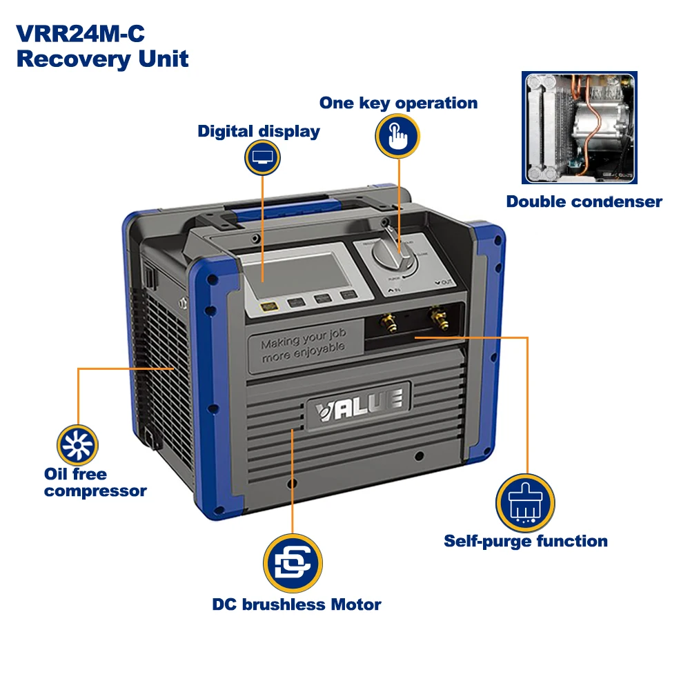 VALUE VRR24M-C 냉매 회수 기계, 디지털 냉매 가스 회수, 1234yf,R32,R22,R402A,R404A,R407A,R407B,R410A
