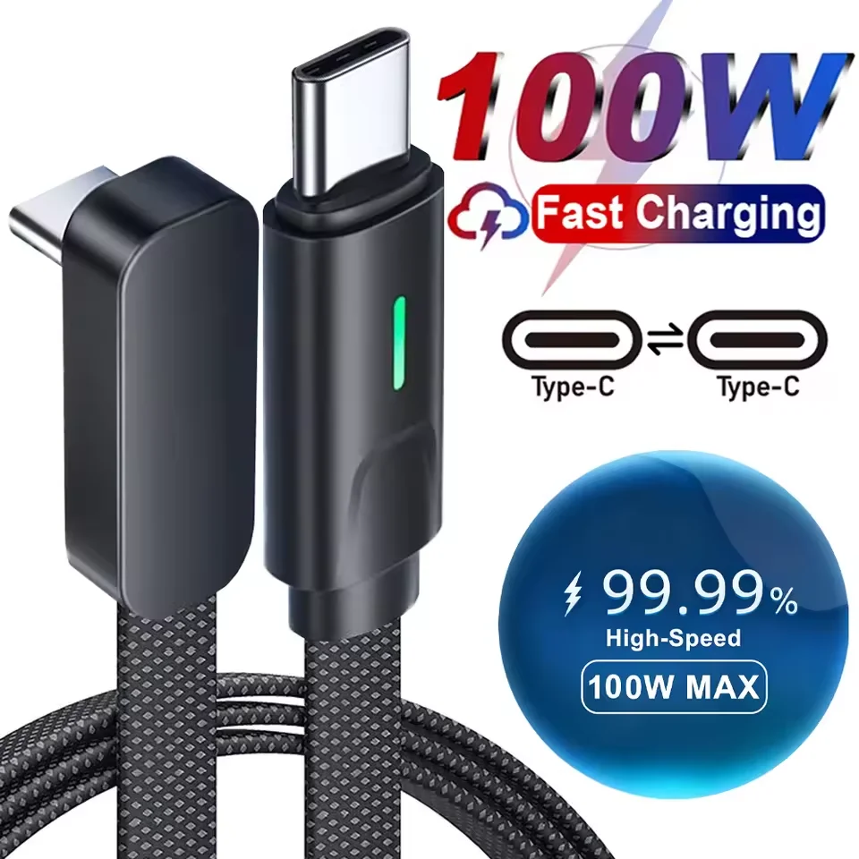สายชาร์จเร็ว 100W งอได้ 90 องศา สายถักไนลอน สำหรับมือถือทุกยี่ห้อ
