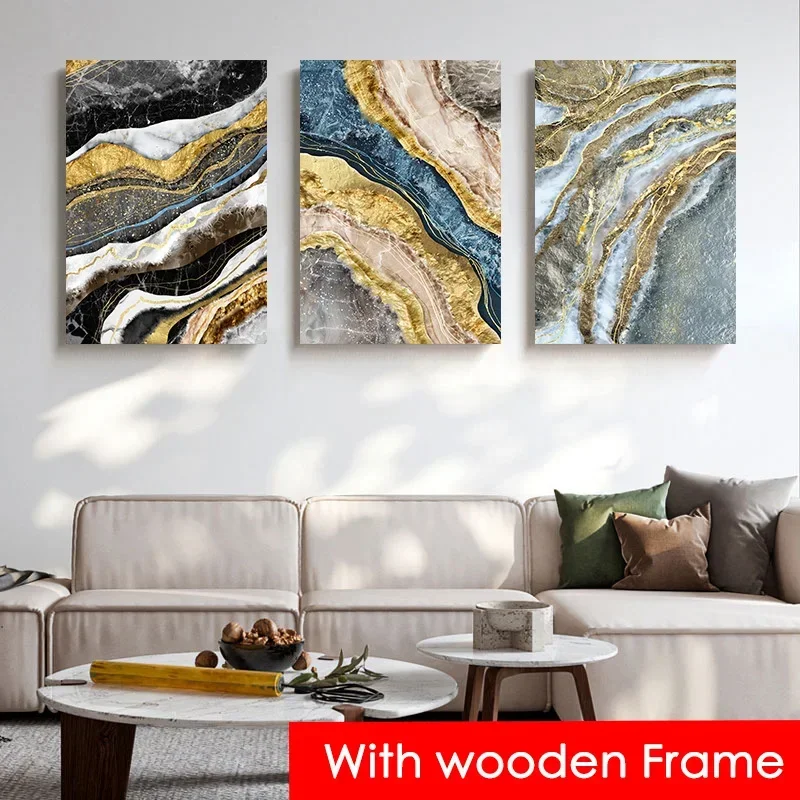 

3PCS Abstract Marble Texture Poster Golden Green Light Luxury Style Canvas Painting with Frame Nordic Living Room Modern Decor