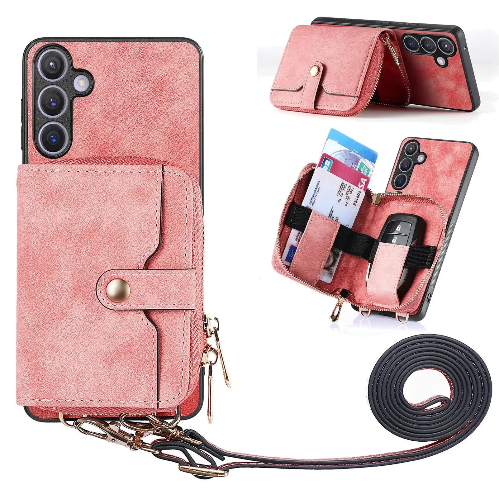 Leather Phone Cover with Zipper Wallet and Lanyard Stand Feature