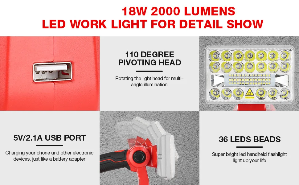 LED Work Light Flashlight For Milwaukee m18 18V Battery 18w 2000lm Portable Floo